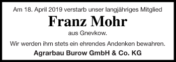 Traueranzeige von Franz Mohr von Treptower Tageblatt