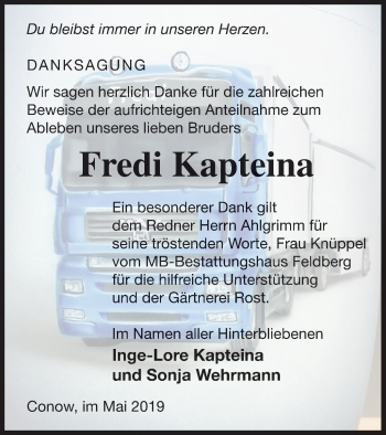 Traueranzeige von Fredi Kapteina von Strelitzer Zeitung