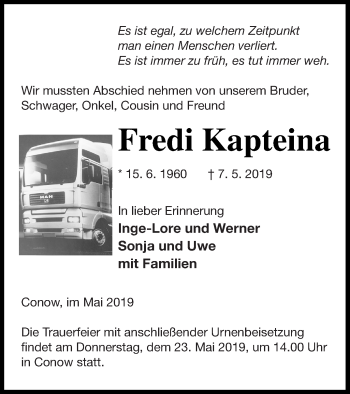 Traueranzeige von Fredi Kapteina von Strelitzer Zeitung