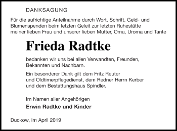 Traueranzeige von Frieda Radtke von Mecklenburger Schweiz