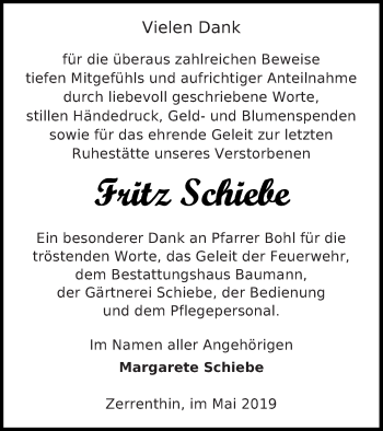 Traueranzeige von Fritz Schiebe von Pasewalker Zeitung