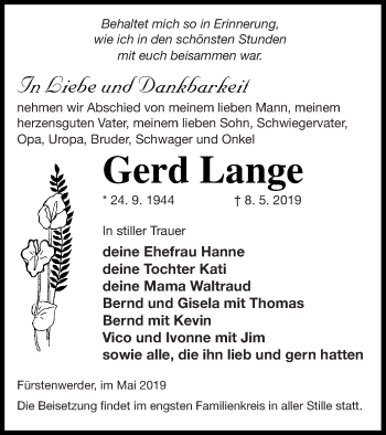 Traueranzeige von Gerd Lange von Prenzlauer Zeitung