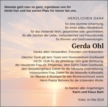 Traueranzeige von Gerda Ohl von Vorpommern Kurier