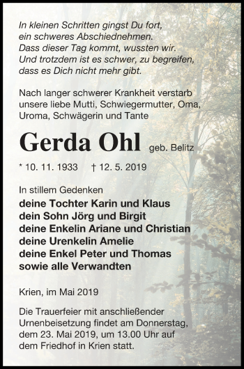 Traueranzeige von Gerda Ohl von Vorpommern Kurier