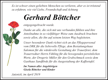 Traueranzeige von Gerhard Böttcher von Pasewalker Zeitung