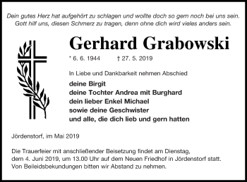 Traueranzeige von Gerhard Grabowski von Mecklenburger Schweiz