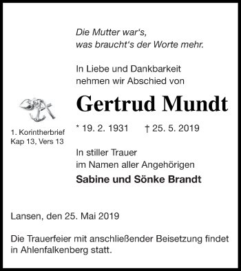 Traueranzeige von Gertrud Mundt von Müritz-Zeitung