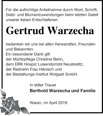 Traueranzeige von Gertrud Warzecha von Müritz-Zeitung