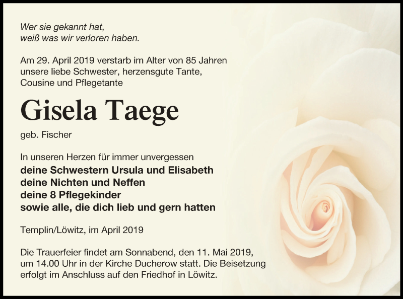  Traueranzeige für Gisela Taege vom 03.05.2019 aus Vorpommern Kurier