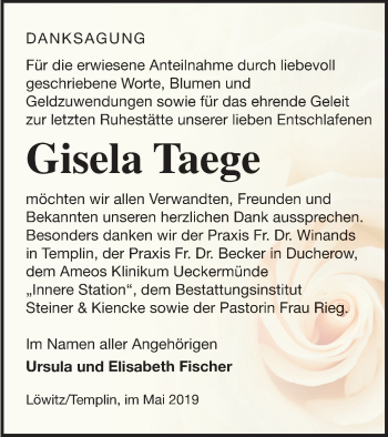 Traueranzeige von Gisela Taege von Vorpommern Kurier