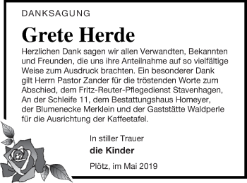 Traueranzeige von Grete Herde von Vorpommern Kurier