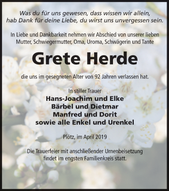 Traueranzeige von Grete Herde von Vorpommern Kurier