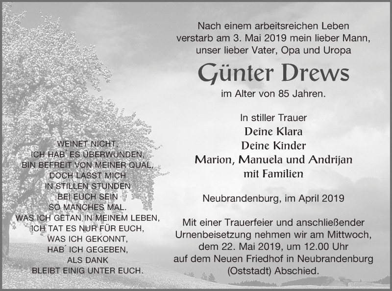  Traueranzeige für Günter Drews vom 15.05.2019 aus Neubrandenburger Zeitung