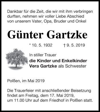 Traueranzeige von Günter Gartzke von Prenzlauer Zeitung