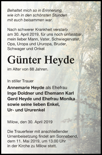 Traueranzeige von Günter Heyde von Pasewalker Zeitung