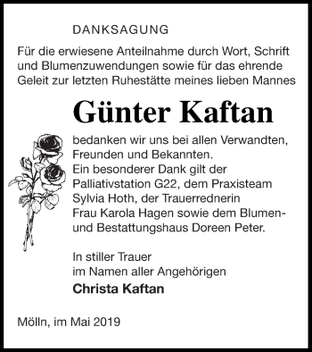 Traueranzeige von Günter Kaftan von Neubrandenburger Zeitung