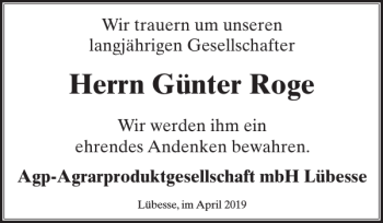 Traueranzeige von Günter Roge von Zeitung für die Landeshauptstadt