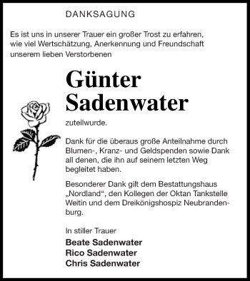 Traueranzeige von Günter Sadenwater von Neubrandenburger Zeitung