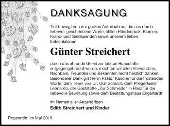 Traueranzeige von Günter Streichert von Müritz-Zeitung