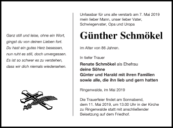 Traueranzeige von Günther Schmökel von Templiner Zeitung