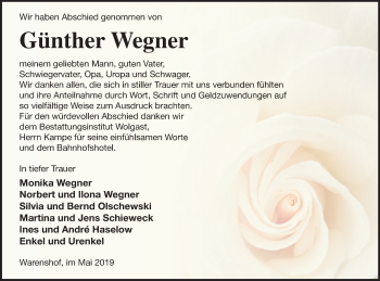 Traueranzeige von Günther Wegner von Müritz-Zeitung