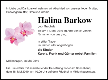 Traueranzeige von Halina Barkow von Müritz-Zeitung