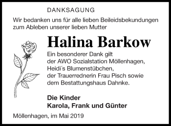 Traueranzeige von Halina Barkow von Müritz-Zeitung