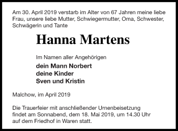 Traueranzeige von Hanna Martens von Müritz-Zeitung