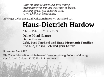 Traueranzeige von Hans-Dietrich Hardow von Neubrandenburger Zeitung