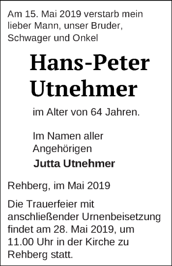 Traueranzeige von Hans-Peter Utnehmer von Strelitzer Zeitung