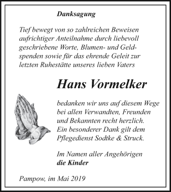 Traueranzeige von Hans Vormelker von Pasewalker Zeitung