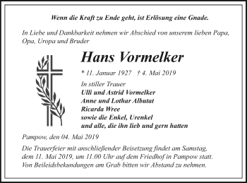 Traueranzeige von Hans Vormelker von Pasewalker Zeitung