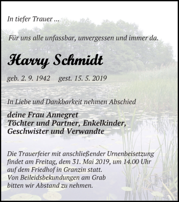 Traueranzeige von Harry Schmidt von Strelitzer Zeitung