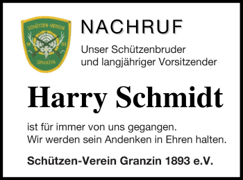 Traueranzeige von Harry Schmidt von Strelitzer Zeitung