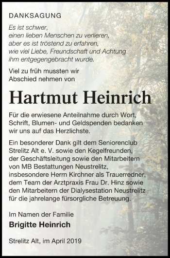 Traueranzeige von Hartmut Heinrich von Strelitzer Zeitung