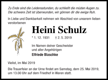 Traueranzeige von Heini Schulz von Müritz-Zeitung