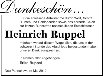 Traueranzeige von Heinrich Ruppel von Mecklenburger Schweiz