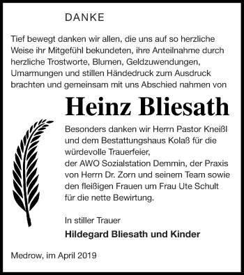 Traueranzeige von Heinz Bliesath von Demminer Zeitung