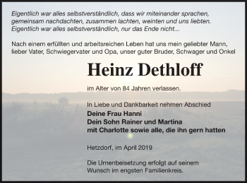 Traueranzeige von Heinz Dethloff von Prenzlauer Zeitung