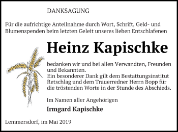 Traueranzeige von Heinz Kapischke von Prenzlauer Zeitung