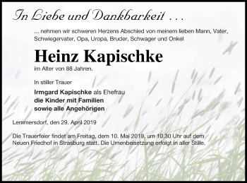 Traueranzeige von Heinz Kapischke von Prenzlauer Zeitung