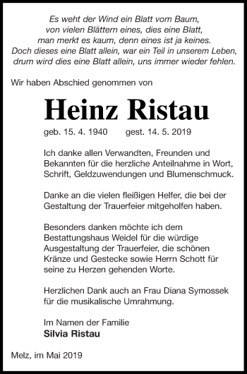 Traueranzeige von Heinz Ristau von Müritz-Zeitung