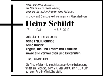 Traueranzeige von Heinz Schildt von Vorpommern Kurier