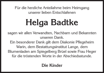 Traueranzeige von Helga Badtke von Anzeiger für Sternberg - Brüel - Warin