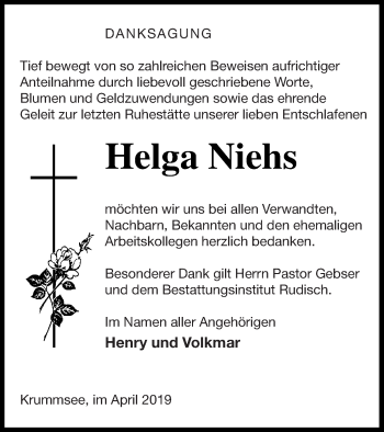 Traueranzeige von Helga Niehs von Mecklenburger Schweiz