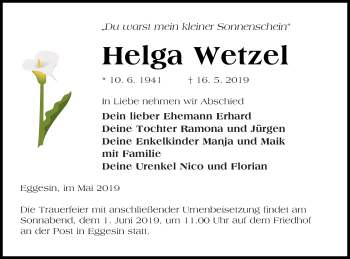 Traueranzeige von Helga Wetzel von Haff-Zeitung