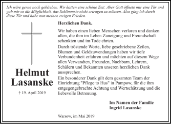 Traueranzeige von Helmut Lasanske von Zeitung für die Landeshauptstadt