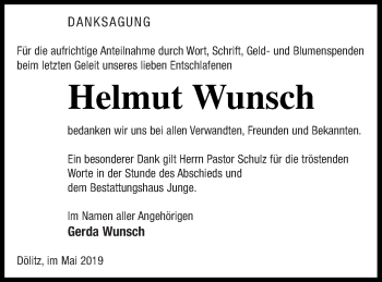 Traueranzeige von Helmut Wunsch von Mecklenburger Schweiz