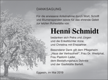 Traueranzeige von Henni Schmidt von Haff-Zeitung