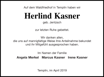 Traueranzeige von Herlind Kasner von Templiner Zeitung